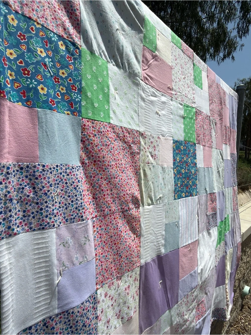 Pastel Patchwork Quilt in Pink, Green, Lavender, White - Charming Floral Squares